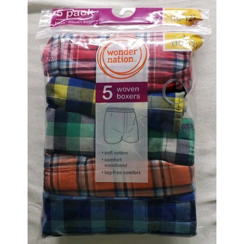 Wonder Nation Boys Plaid Woven Boxers 5-Pack Assorted  Size L 10-12 Soft Cotton